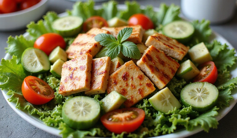 A vibrant salad with various fresh ingredients, symbolizing healthy eating and nutrition.