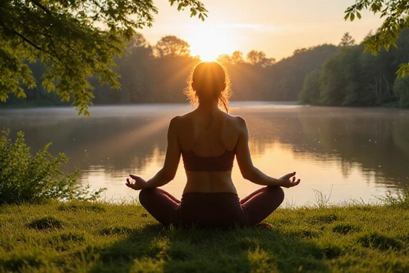 A person meditating in a serene natural setting, symbolizing mental well-being and mindful eating.