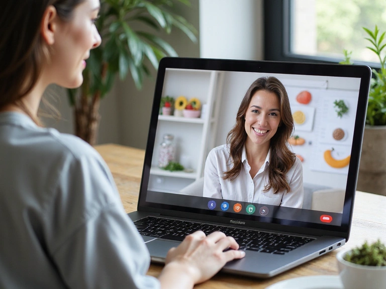 Nutritionist conducting an online consultation with a client on a laptop screen, showing a video call interface with charts and healthy food items in the background.