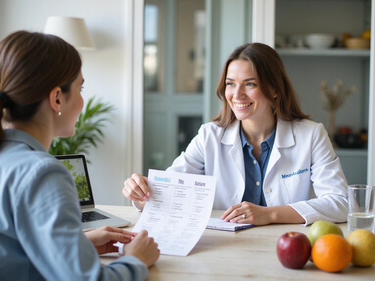 Nutritionist consulting with a client, showing healthy eating plan